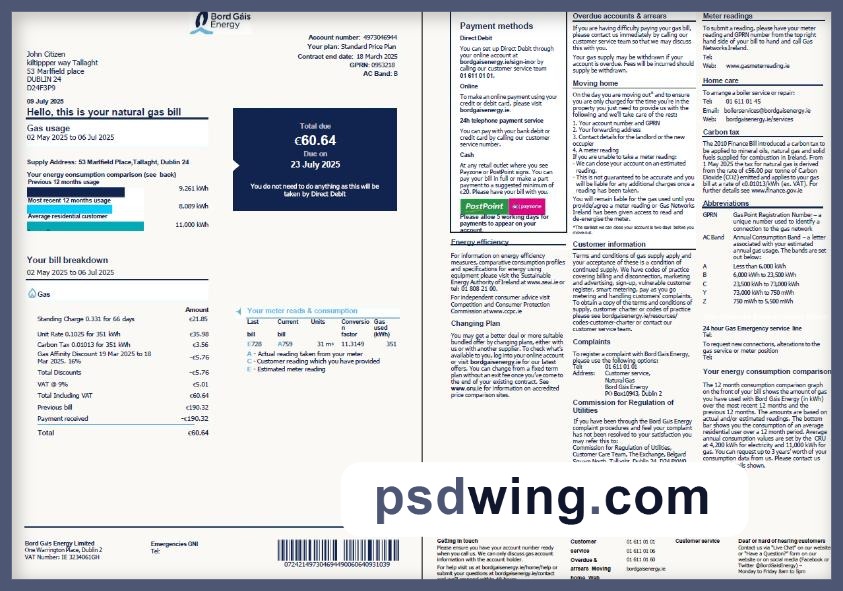 Ireland Bord Gais Energy Utility Bill (2 Pages, Version 2)